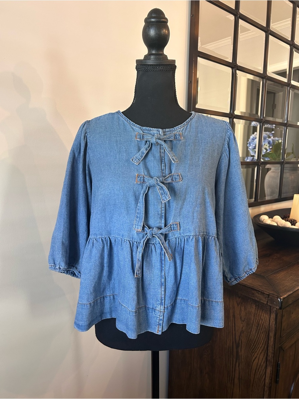 Velvet Heart "Abbie" Denim Triple-Bow Peplum Blouse